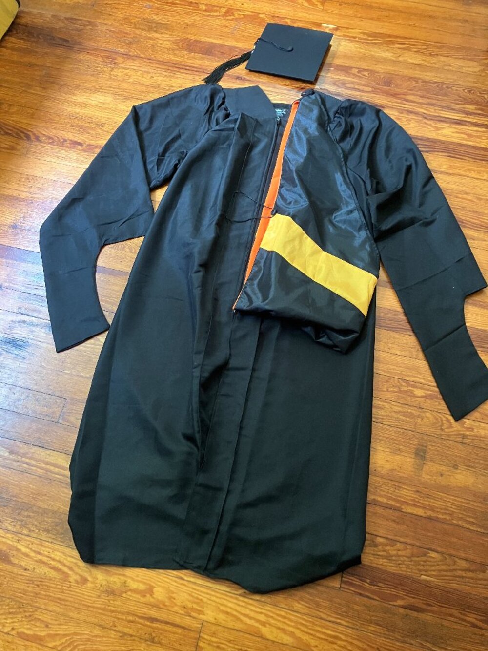Graduation Cap Gown & Academic Hood 3-Piece Set — Black / Gold / Orange — 57-M